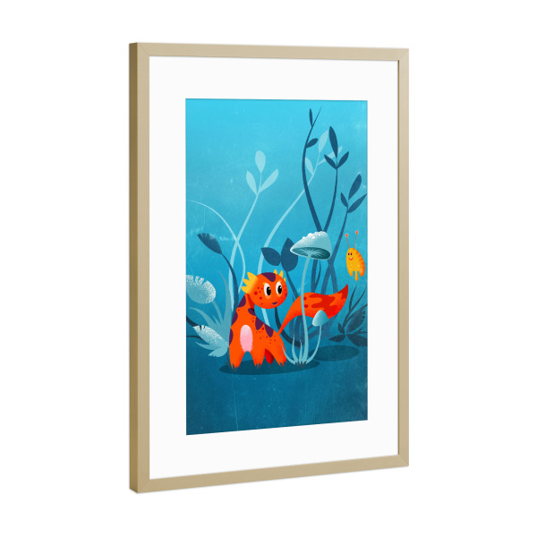 Poster mit Rahmen Gold "Freunde im Phantasiegarten" artboxONE - Floral,Für Kinder,Tiere,Fiktion