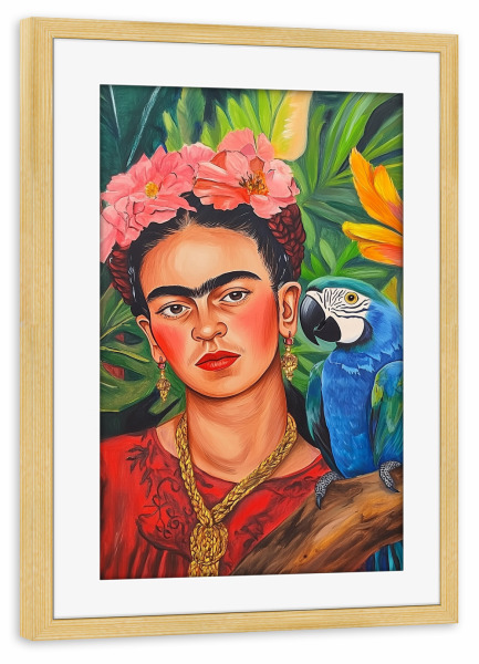 Poster mit Rahmen kiefer "Frida Poesie und Papagei" artboxONE - Floral,Tiere,Menschen