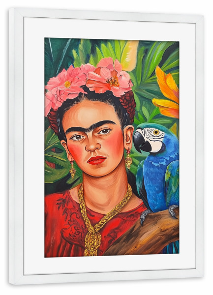 Poster mit Rahmen weiß "Frida Poesie und Papagei" artboxONE - Floral,Tiere,Menschen