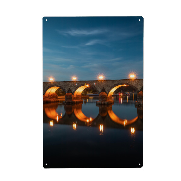Holzbild "Balduinbrücke" artboxONE - Städte,Architektur - Brücke,Koblenz,Rheinland-pfalz,Mosel,Blaue stunde,Nachtfotografie,Langzeitbelichtung