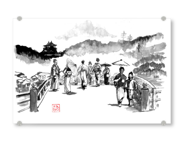 Acrylglasbild "Edo-Brücke" artboxONE - Schwarzweiß,Reise / Asien - Sumie,Japan,Edo,Stadt,Burg,Samurai,Geisha