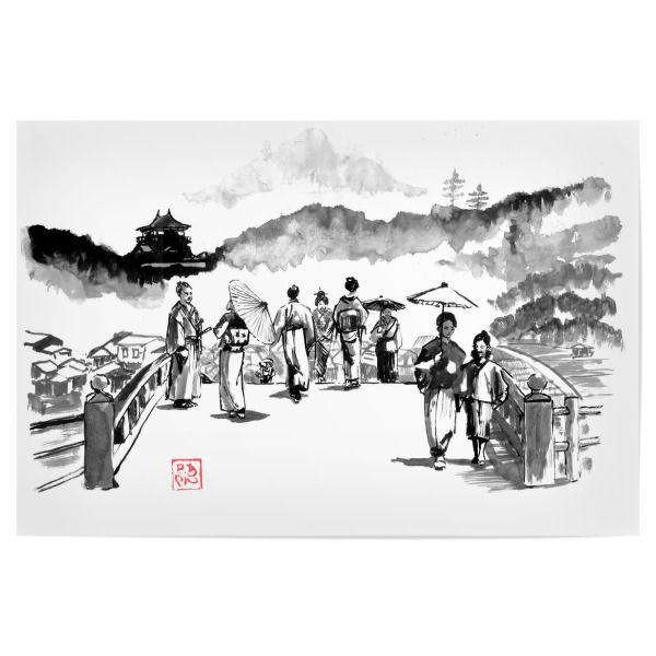 Poster 30x20 cm "Edo-Brücke" artboxONE - Schwarzweiß,Reise / Asien - Sumie,Japan,Edo,Stadt,Burg,Samurai,Geisha