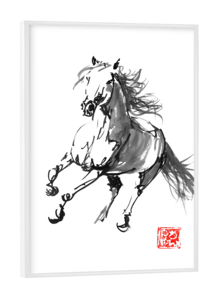 Poster mit weißem Rahmen "Laufpferd" artboxONE - Tiere,Schwarzweiß - Sumie,Japan,Pferd