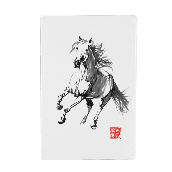 Metall Poster "Laufpferd" artboxONE - Tiere,Schwarzweiß - Sumie,Japan,Pferd - Blechschild