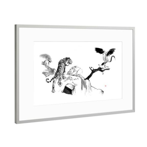 Poster mit Rahmen Silber "Tiger und Kranich" artboxONE - Tiere,Schwarzweiß,Reise / Asien - Tiger,Sumie,Kranich,Japan,Berg,Zen