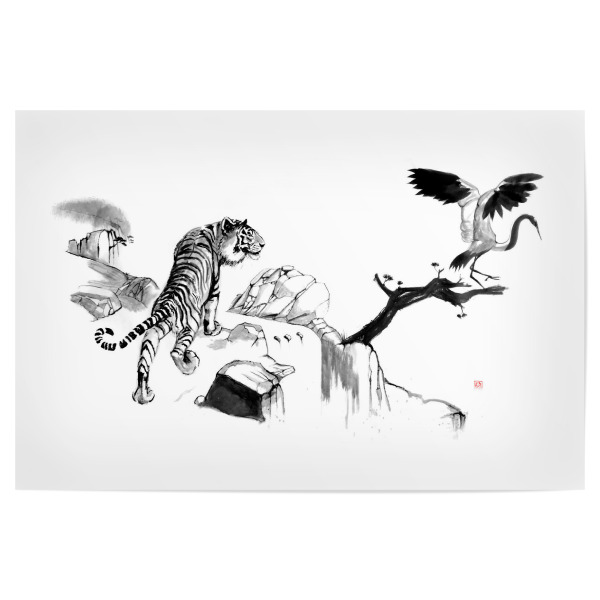 Poster 30x20 cm "Tiger und Kranich" artboxONE - Tiere,Schwarzweiß,Reise / Asien - Tiger,Sumie,Kranich,Japan,Berg,Zen