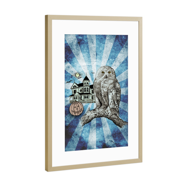 Poster mit Rahmen Gold "Halloween Vintage with Owl" artboxONE - Für Kinder,Tiere,Halloween