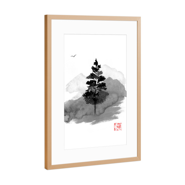 Poster mit Rahmen Kupfer "Der Baum" artboxONE - Natur,Schwarzweiß,Reise / Asien - Baum,Sumie,Japan,Berg