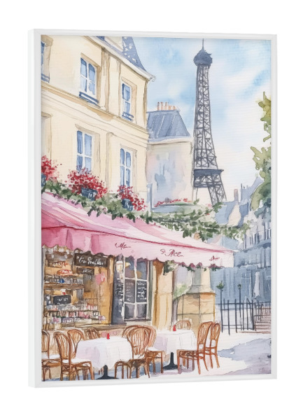 Poster mit weißem Rahmen "Pariser Straßencafé" artboxONE - Städte / Paris - Paris,Café,Pariser café,Eiffel,Eiffelturm,Café im freien,Aquarell