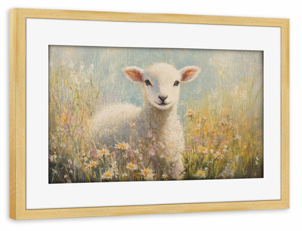 Poster mit Rahmen kiefer "Baby-Lamm im Feld" artboxONE - Natur,Floral,Tiere - Kinderzimmer,Kinderzimmerdekoration,Kinderzimmerdekoration,Lamm,Schaf