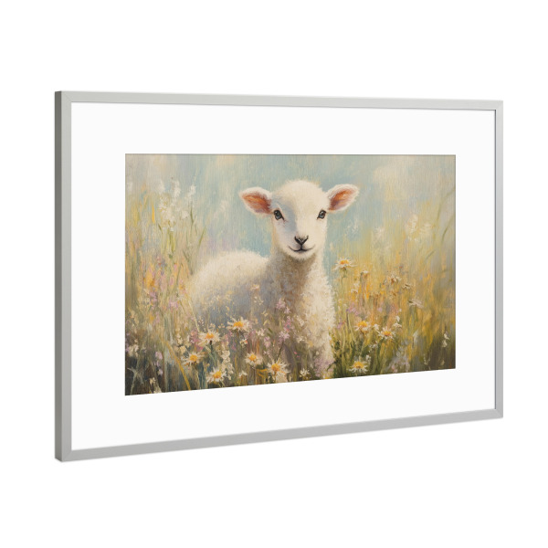 Poster mit Rahmen Silber "Baby-Lamm im Feld" artboxONE - Natur,Floral,Tiere - Kinderzimmer,Kinderzimmerdekoration,Kinderzimmerdekoration,Lamm,Schaf