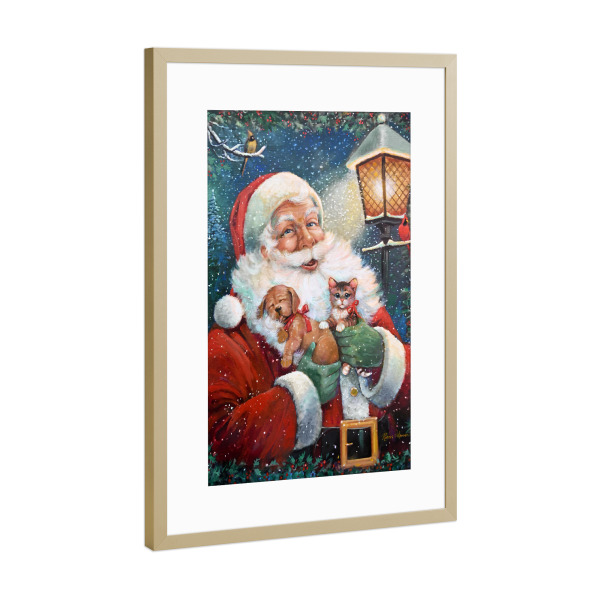 Poster mit Rahmen Gold "Santa's Special Delivery" artboxONE - Weihnachten - Weihnachtsmann,Weihnachten,Urlaub,Welpe,Kätzchen