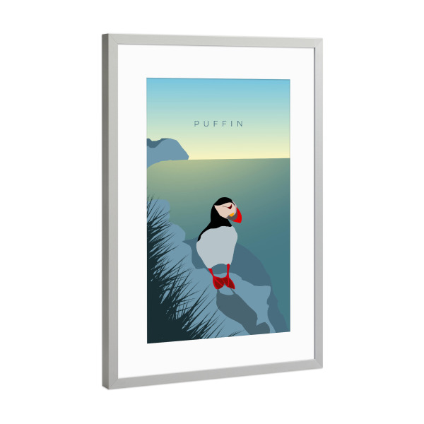Poster mit Rahmen Silber "Puffin an Islands Küste" artboxONE - Natur,Reise,Reise / Strand und Meer