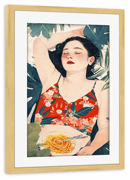 Poster mit Rahmen kiefer "Spaghetti-Zeit" artboxONE - Essen & Trinken,Menschen - Spaghetti,Essen,Essen,Entspannen,Frau,Mädchen