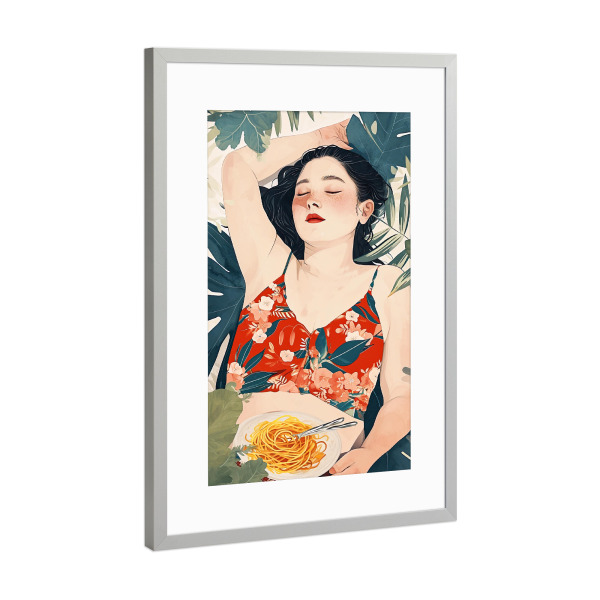 Poster mit Rahmen Silber "Spaghetti-Zeit" artboxONE - Essen & Trinken,Menschen - Spaghetti,Essen,Essen,Entspannen,Frau,Mädchen