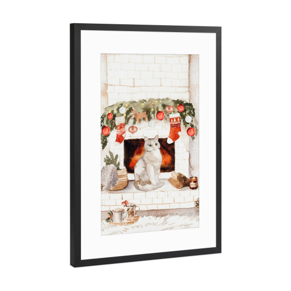 Poster mit Rahmen Schwarz (Metallic) "Cozy Cottage Xmas Cat" artboxONE - Für Kinder,Tiere,Weihnachten,Für Mama,Für Papa