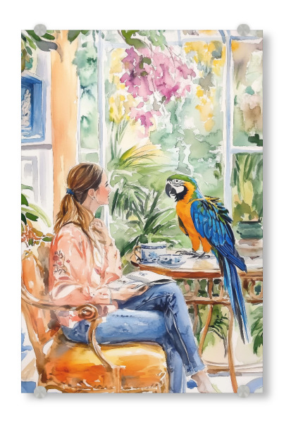 Acrylglasbild "Frau und Papagei" artboxONE - Natur,Tiere,Essen & Trinken,Abstrakt,Liebe