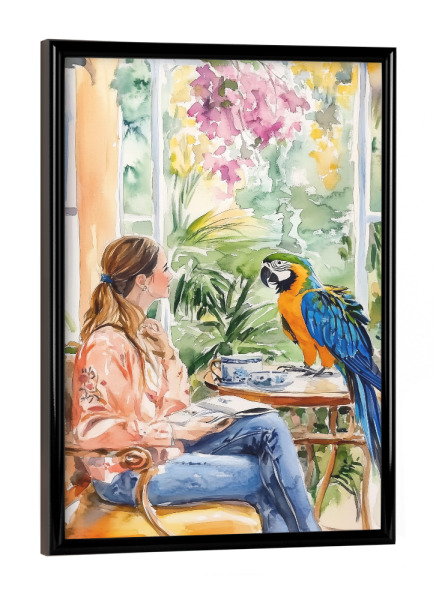 Poster mit schwarzem Rahmen "Frau und Papagei" artboxONE - Natur,Tiere,Essen & Trinken,Abstrakt,Liebe