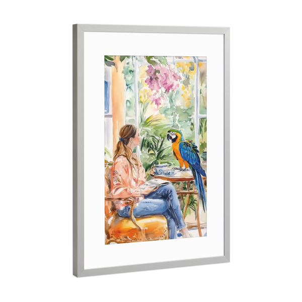 Poster mit Rahmen Silber "Frau und Papagei" artboxONE - Natur,Tiere,Essen & Trinken,Abstrakt,Liebe