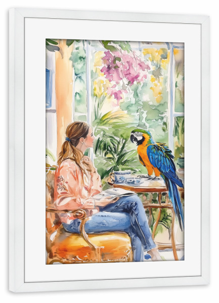 Poster mit Rahmen weiß "Frau und Papagei" artboxONE - Natur,Tiere,Essen & Trinken,Abstrakt,Liebe