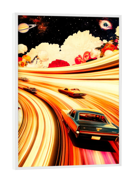 Poster mit weißem Rahmen "Blumen-Weltraumrennen" artboxONE - Floral,Sport / Motorsport,Automobile,Fiktion,Galaxy