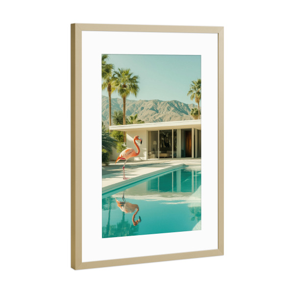 Poster mit Rahmen Gold "Flamingo am Pool Art" artboxONE - Tiere,Architektur,Reise / Länder