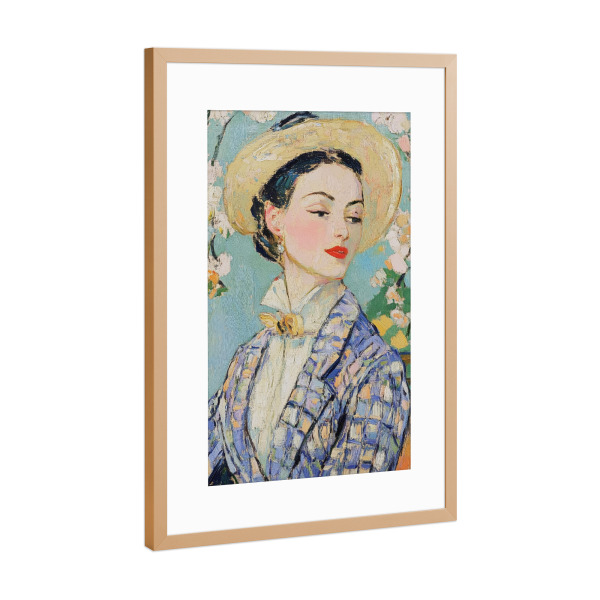 Poster mit Rahmen Kupfer "Frau trägt Tweedjacke" artboxONE - Natur,Floral,Abstrakt,Menschen,Fashion - Frau,Frauenporträt,Mode,Jacke,Tweedjacke