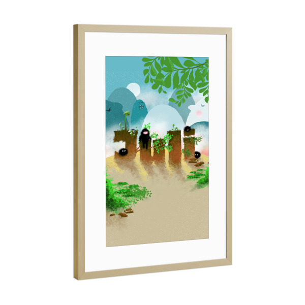Poster mit Rahmen Gold "Flauschige Kreaturen im Juli" artboxONE - Floral,Für Kinder,Fiktion