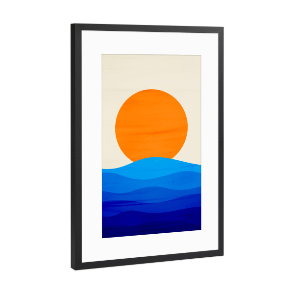 Poster mit Rahmen Schwarz (Metallic) "Sunset minimal" artboxONE - Natur - Sunset,Sunrise,Ocean,Waves,Sun,Blue,Orange,Minimalistic,Wavy,Contemporary