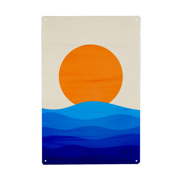 Holzbild "Sunset minimal" artboxONE - Natur - Sunset,Sunrise,Ocean,Waves,Sun,Blue,Orange,Minimalistic,Wavy,Contemporary