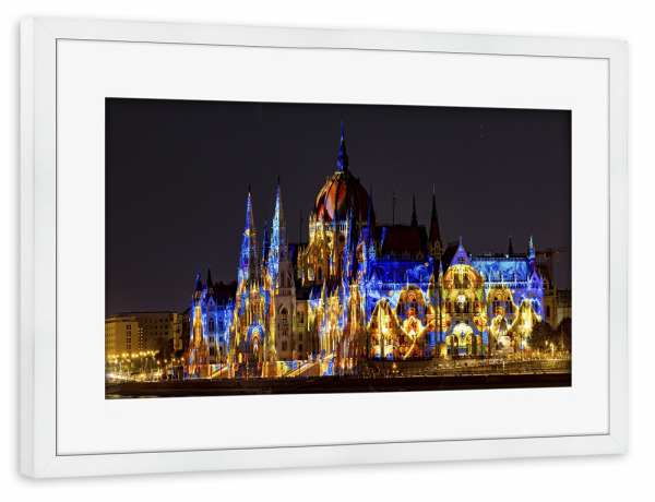Poster mit Rahmen weiß "Ungarische Parlament" artboxONE - Architektur - Budapest,Ungarn,Parlament,Donau,Blaue donau
