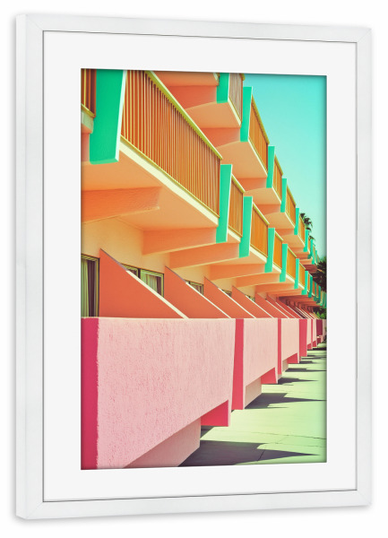Poster mit Rahmen weiß "Palm Springs Retro Hotel Flair" artboxONE - Architektur,Geometrie,Reise / Länder