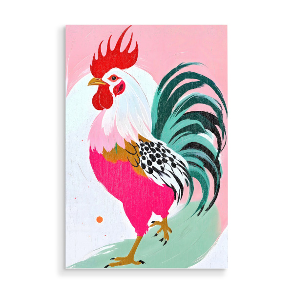 Holzbild "Rooster" artboxONE - Tiere - Hahn,Eklektisch,Maximalistisch,Böhmisch,Nutztier,Huhn,Charme,Haltung,Bunt,Pastell,Modern,Zeitgenössisch,Boho