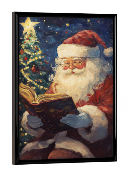 Poster mit schwarzem Rahmen "Der Weihnachtsmann liest ein Buch" artboxONE - Für Kinder,Abstrakt,Fiktion,Festivals