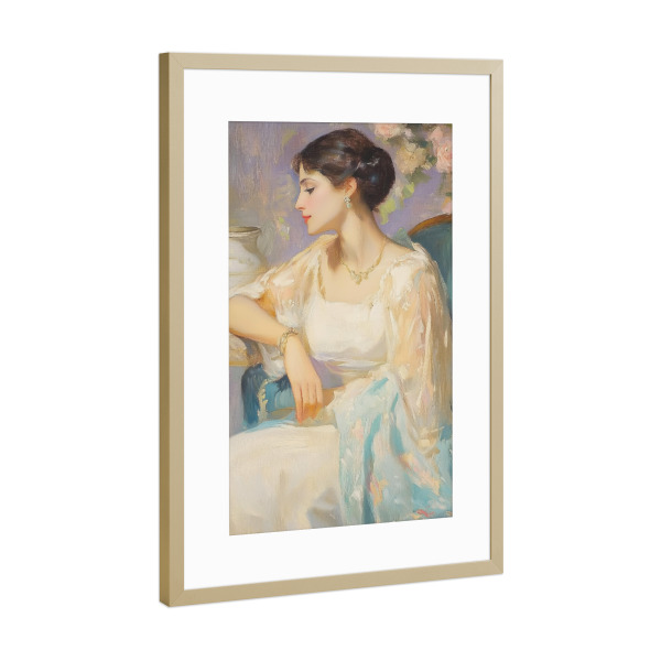 Poster mit Rahmen Gold "A woman sitting in a blue armchair" artboxONE - Menschen,Liebe,Fashion,Für Mama