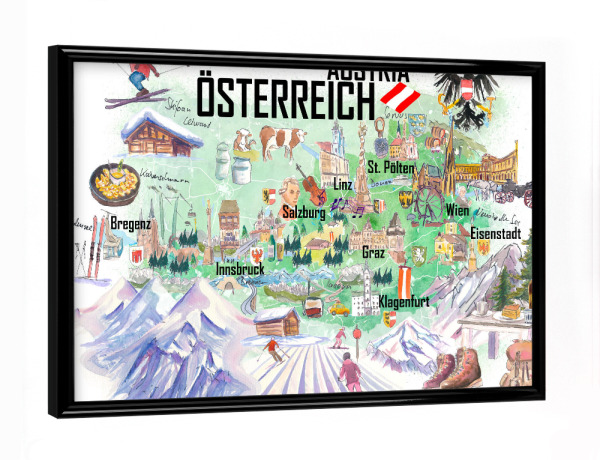 Poster mit schwarzem Rahmen "Österreich Illustrierte Karte" artboxONE - Reise,Kartografie
