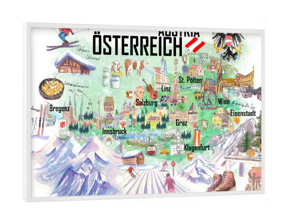 Poster mit weißem Rahmen "Österreich Illustrierte Karte" artboxONE - Reise,Kartografie