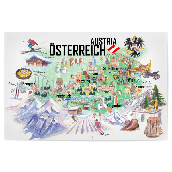 Poster 30x20 cm "Österreich Illustrierte Karte" artboxONE - Reise,Kartografie