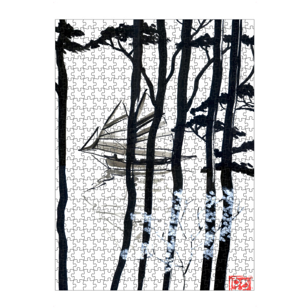 Puzzle Ravensburger "Bootsbaum" artboxONE - Schwarzweiß,Reise / Asien - Boot,Sumie,Japan,Bäume - Bild boot