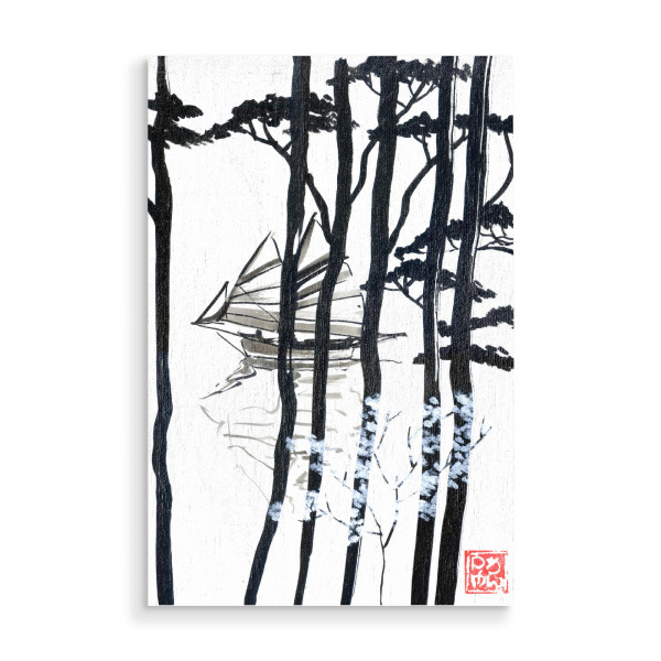 Holzbild "Bootsbaum" artboxONE - Schwarzweiß,Reise / Asien - Boot,Sumie,Japan,Bäume