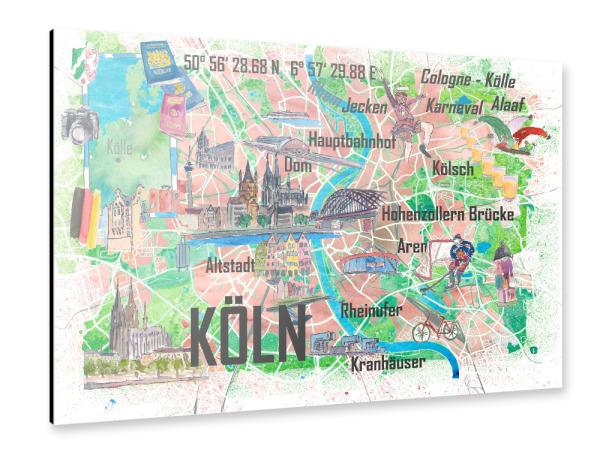 Alu-Dibond "Köln Illustrierte Karte" 30x20 cm artboxONE