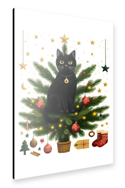 Alu-Dibond "Black cat on Christmas tree" 30x20 cm artboxONE