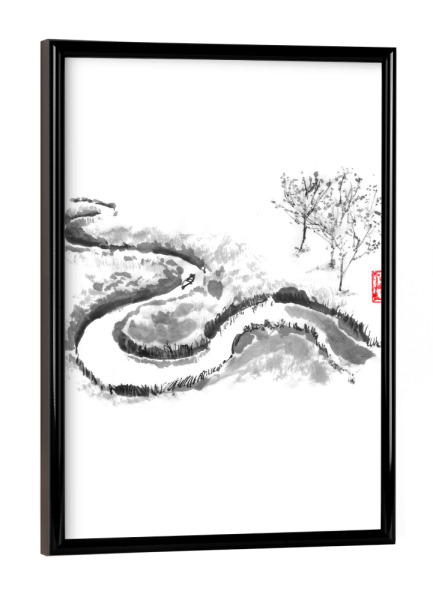 Poster mit schwarzem Rahmen "Fluss Theiß" artboxONE - Reise,Schwarzweiß - Theiß,Fluss,Sumie,Boot,Japan,Ungarn