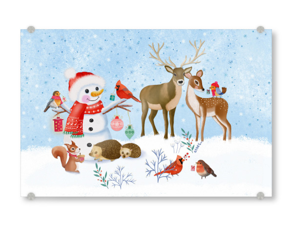 Acrylglasbild "Weihnachts-Schneemann, Waldtiere" artboxONE - Für Kinder,Tiere,Weihnachten