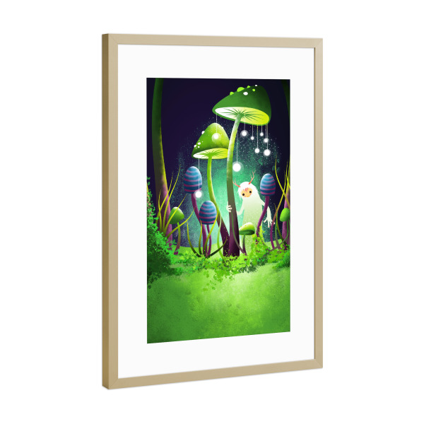 Poster mit Rahmen Gold "Kleines Wesen im Wald unter Pilzen" artboxONE - Natur,Für Kinder,Tiere,Fiktion