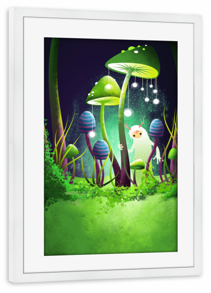 Poster mit Rahmen weiß "Kleines Wesen im Wald unter Pilzen" artboxONE - Natur,Für Kinder,Tiere,Fiktion