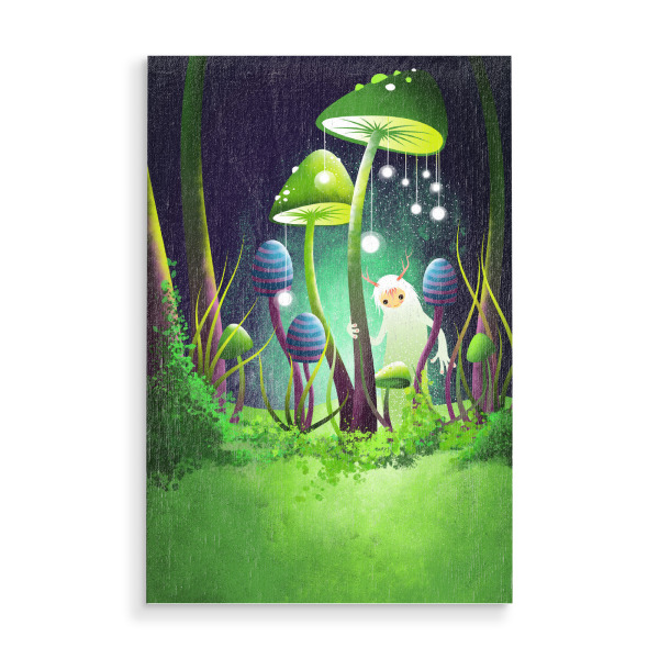 Holzbild "Kleines Wesen im Wald unter Pilzen" artboxONE - Natur,Für Kinder,Tiere,Fiktion