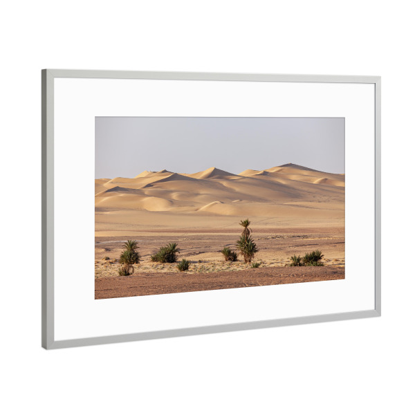 Poster mit Rahmen Silber "Die Sanddünen der Sahara" artboxONE - Reise / Afrika - Sahara,Wüste,Algerien,Düne,Sanddüne,Sand,Palme,Oase