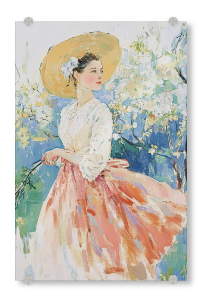 Acrylglasbild "Frau mit Kirschblüte" artboxONE - Natur,Abstrakt,Menschen,Fashion,Städte / Tokio - Aquarell,Aquarellmalerei,Frau,Hut,Garten,Kirschblüte