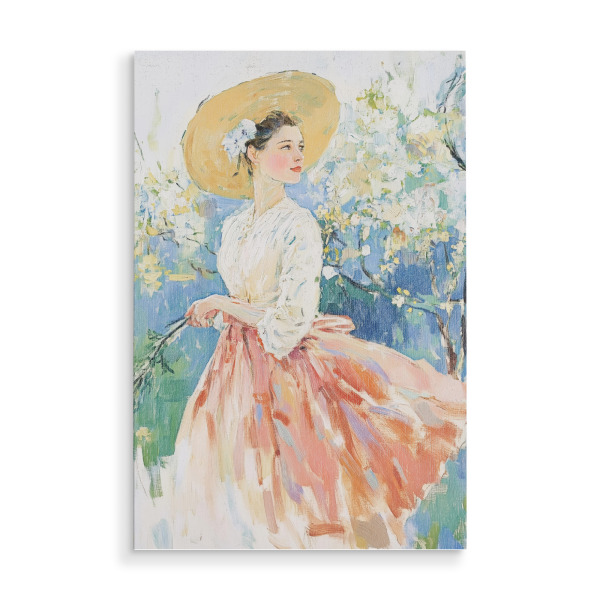 Holzbild "Frau mit Kirschblüte" artboxONE - Natur,Abstrakt,Menschen,Fashion,Städte / Tokio - Aquarell,Aquarellmalerei,Frau,Hut,Garten,Kirschblüte